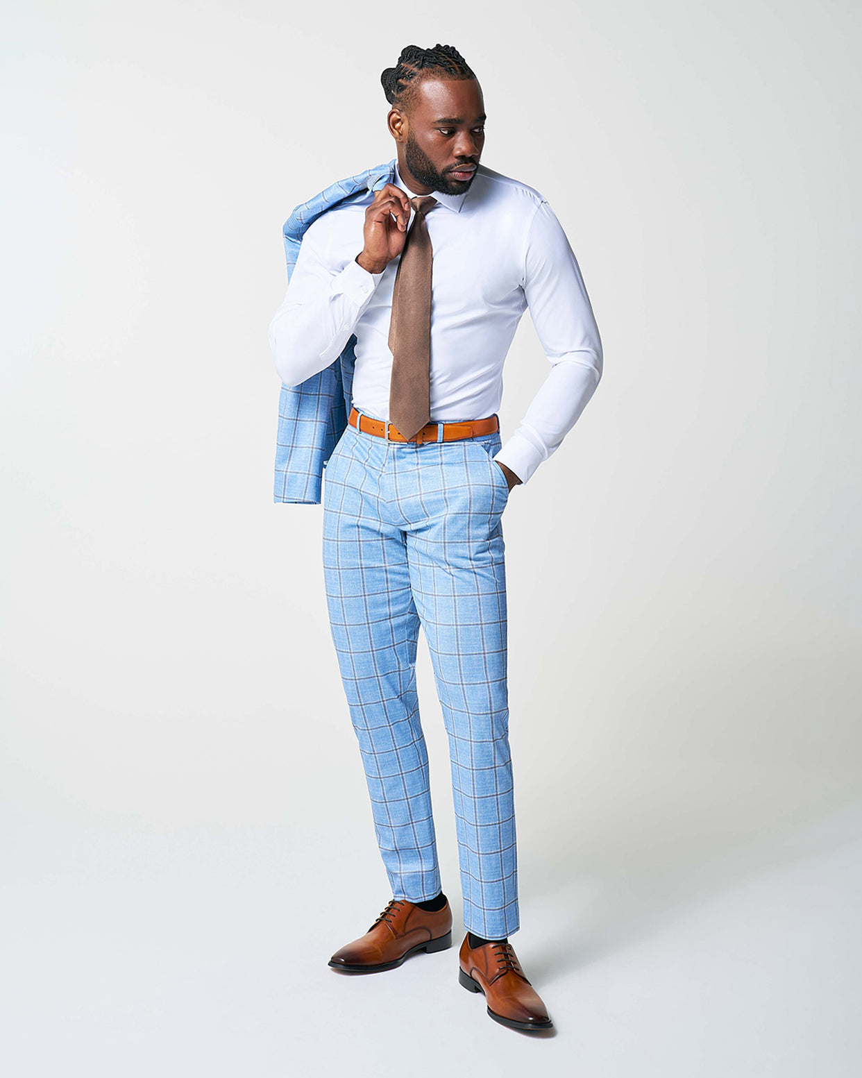 State & Liberty Athletic Fit Stretch Suit - Light Blue and Brown Big Windowpane