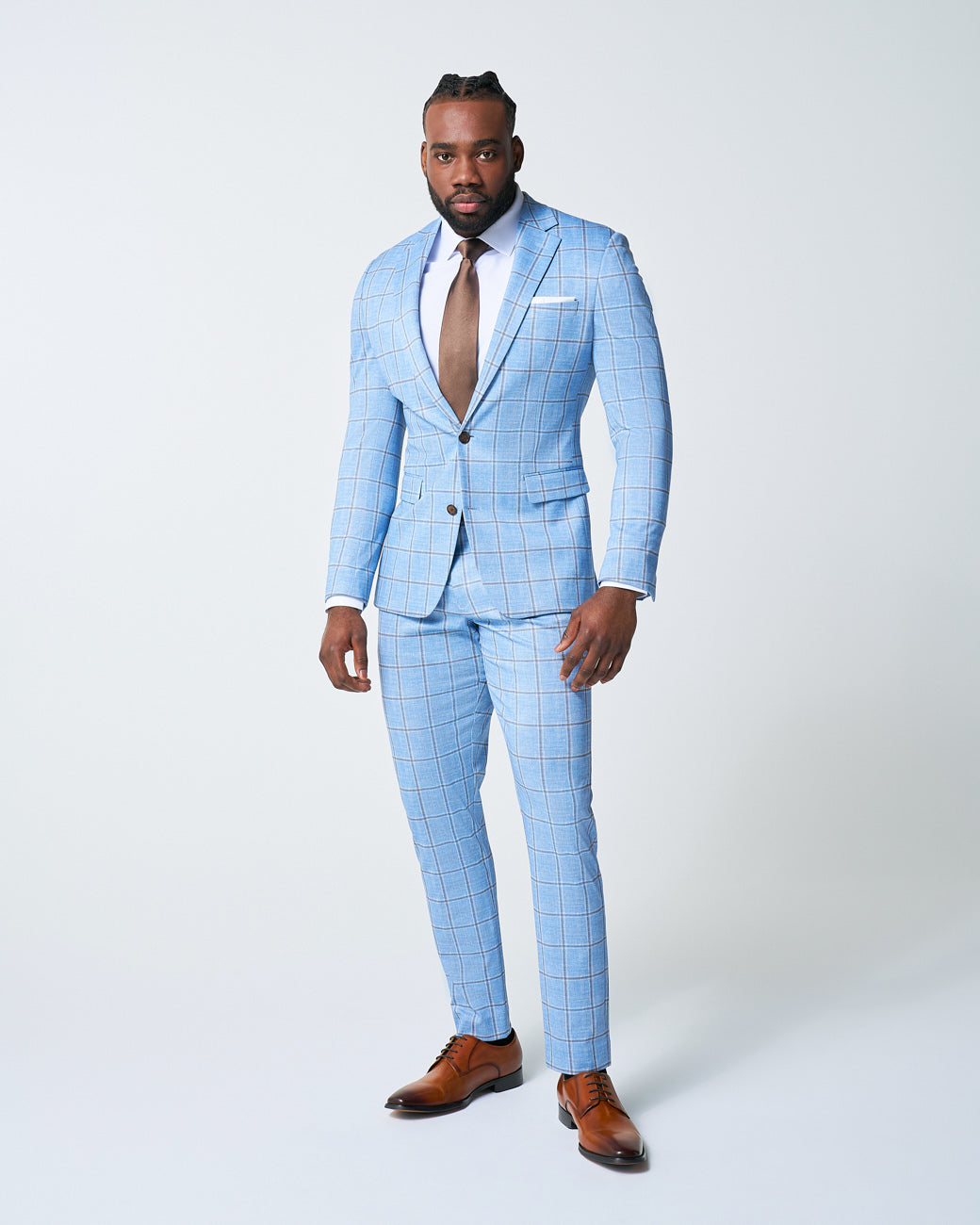 State & Liberty Athletic Fit Stretch Suit Pants - Light Blue and Brown Big Windowpane