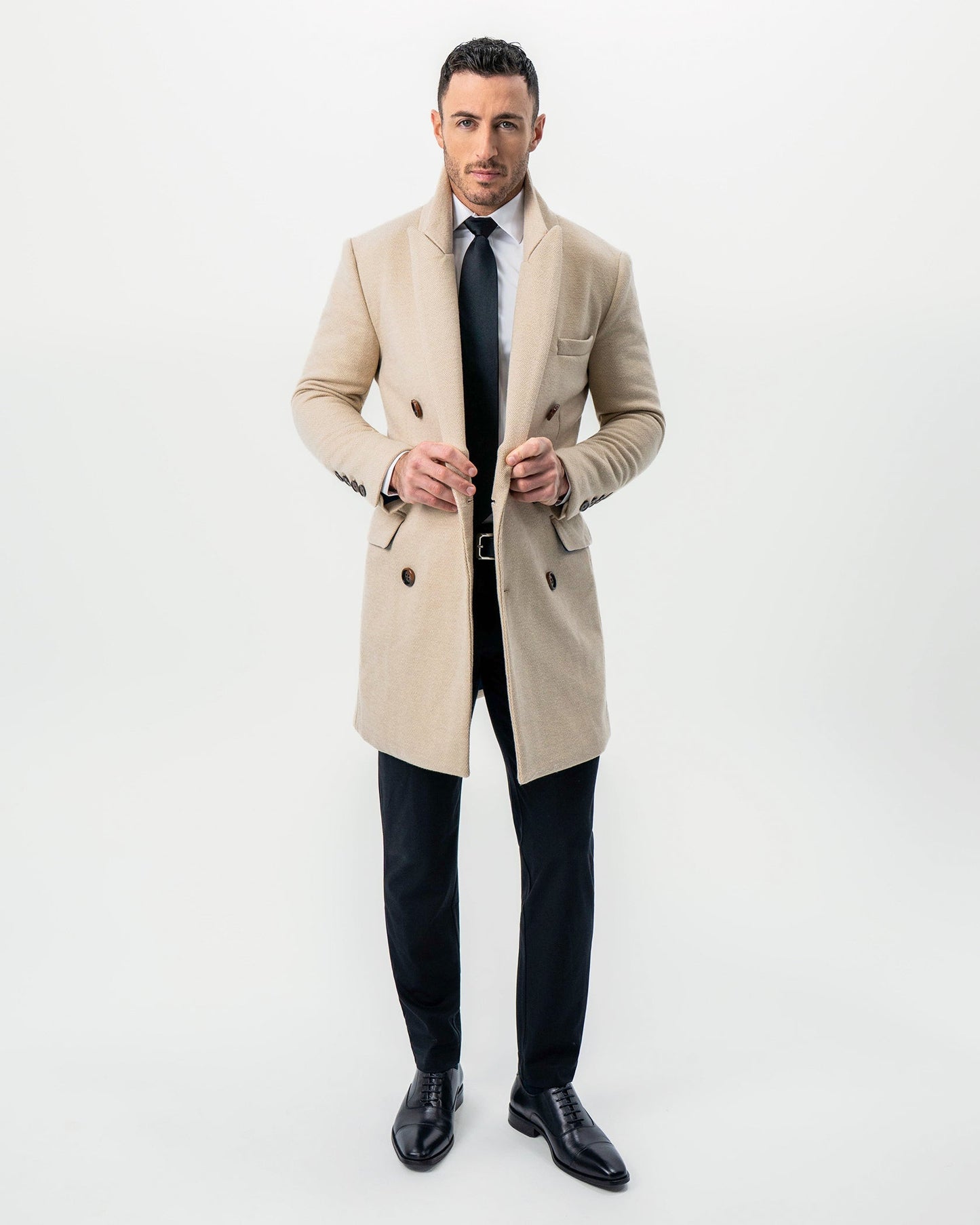 State & Liberty Double Breasted Overcoat - Tan Herringbone
