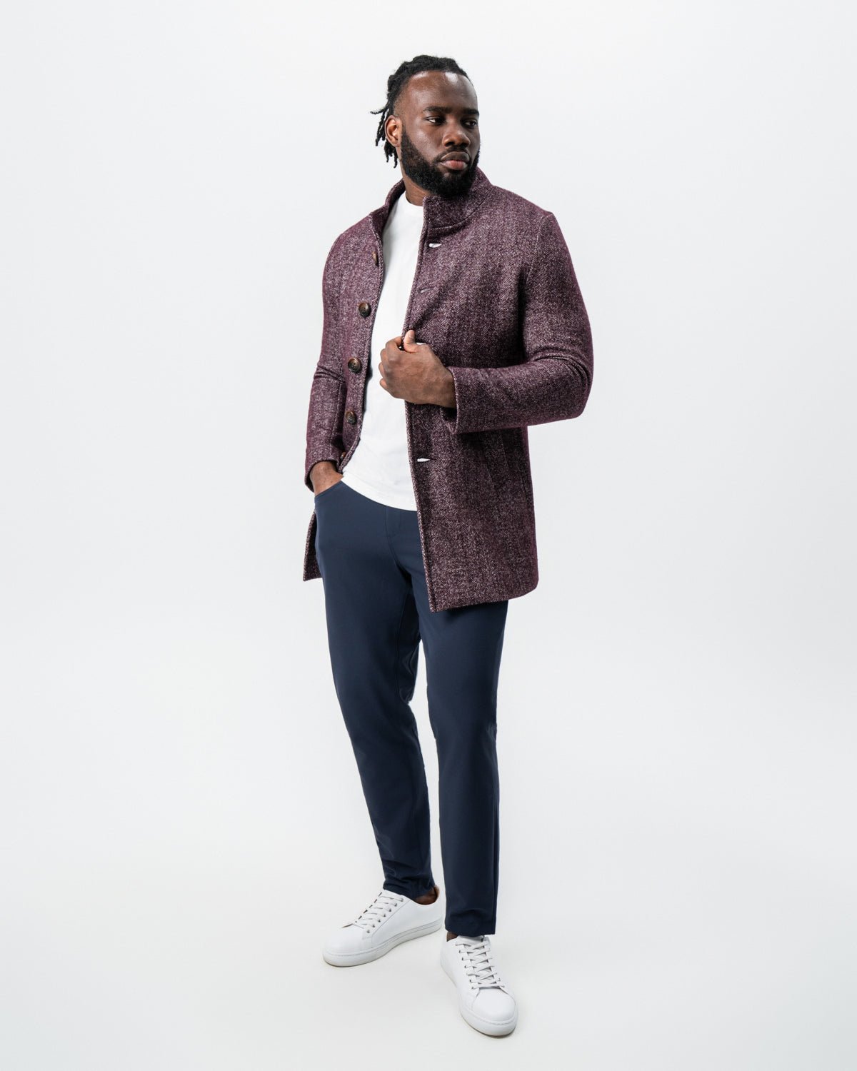 State & Liberty Maroon Herringbone Open Button Overcoat