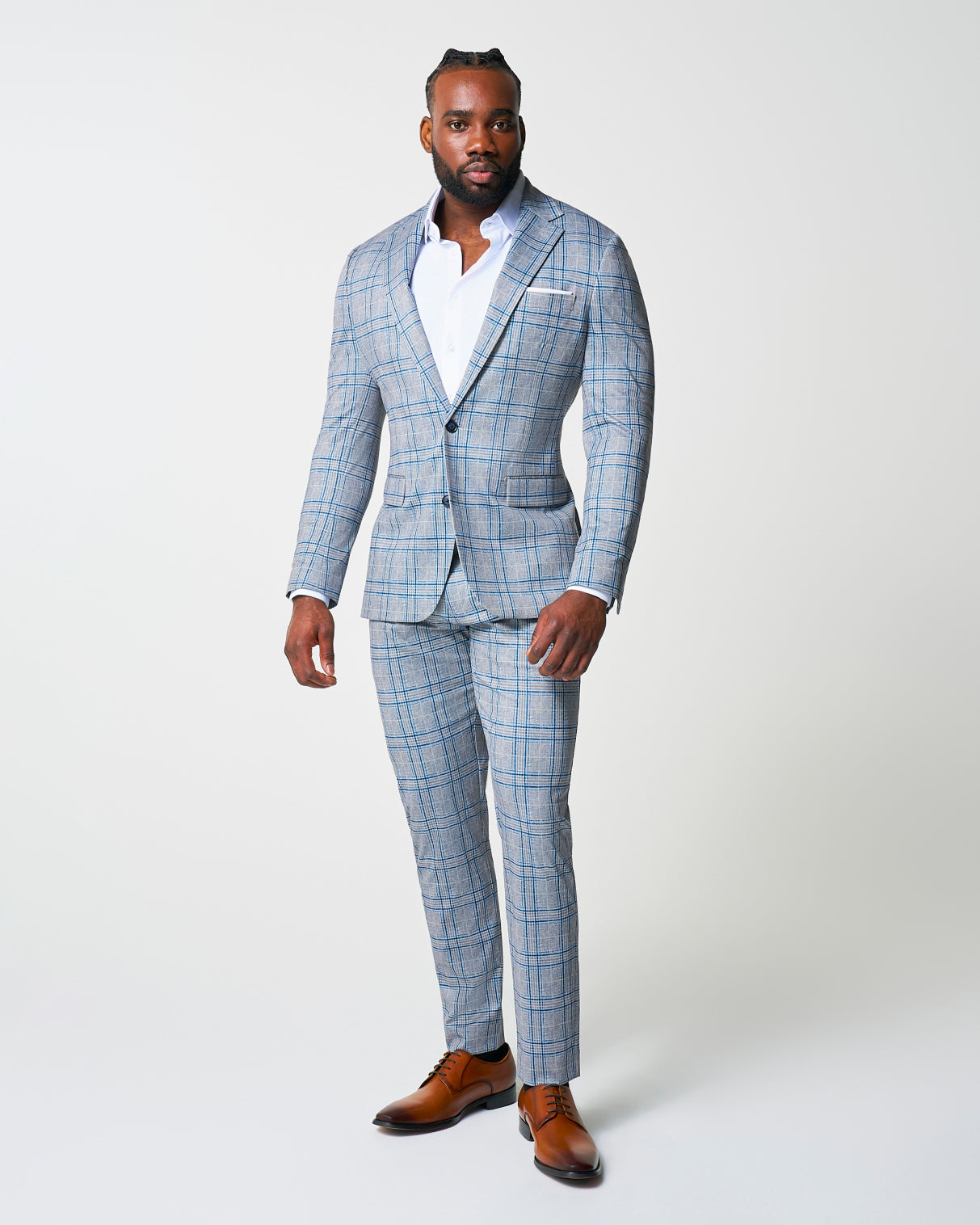 State & Liberty Athletic Fit Stretch Suit - Grey & Royal Blue Plaid