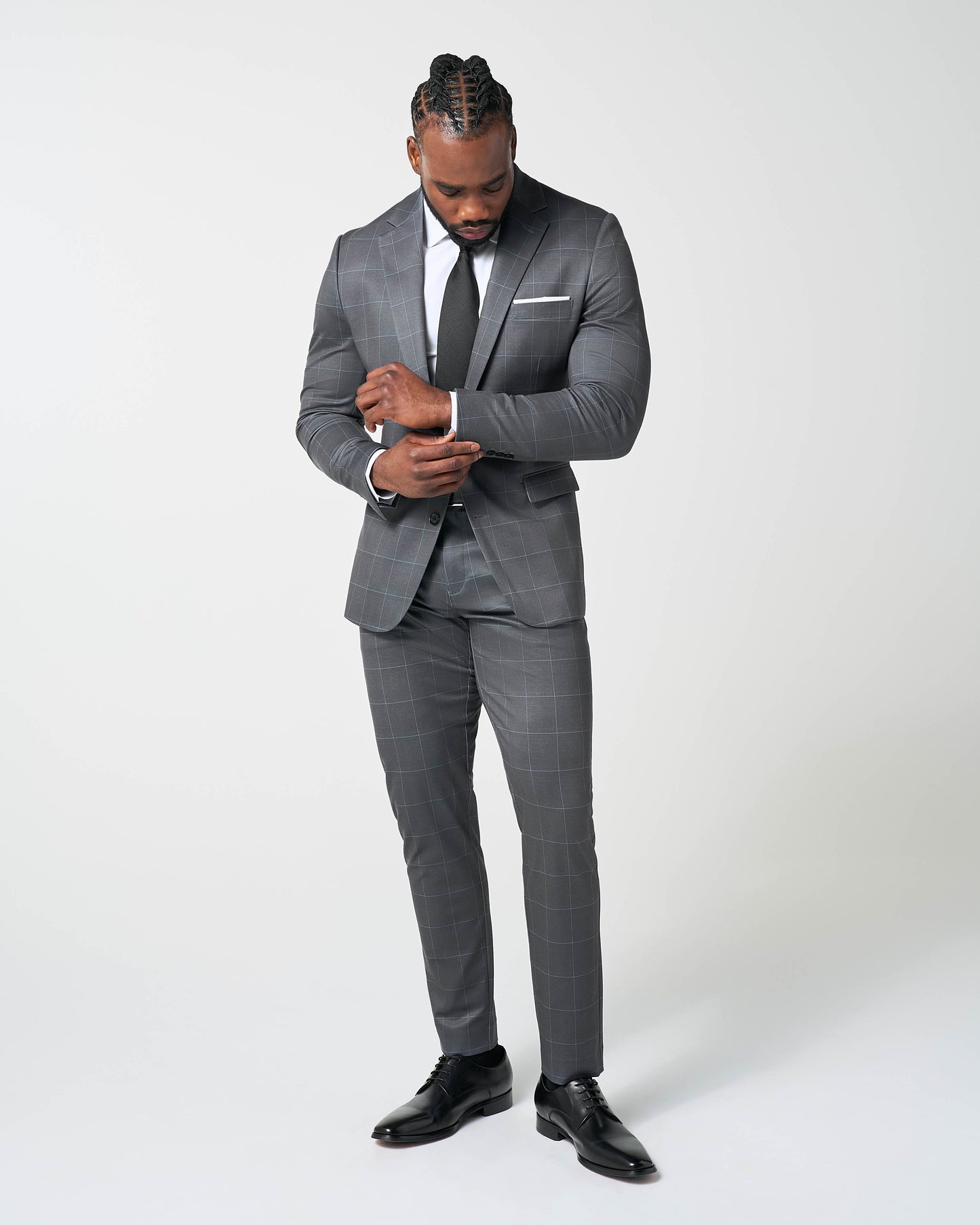 State & Liberty Athletic Fit Stretch Suit - Grey and White Big Windowpane