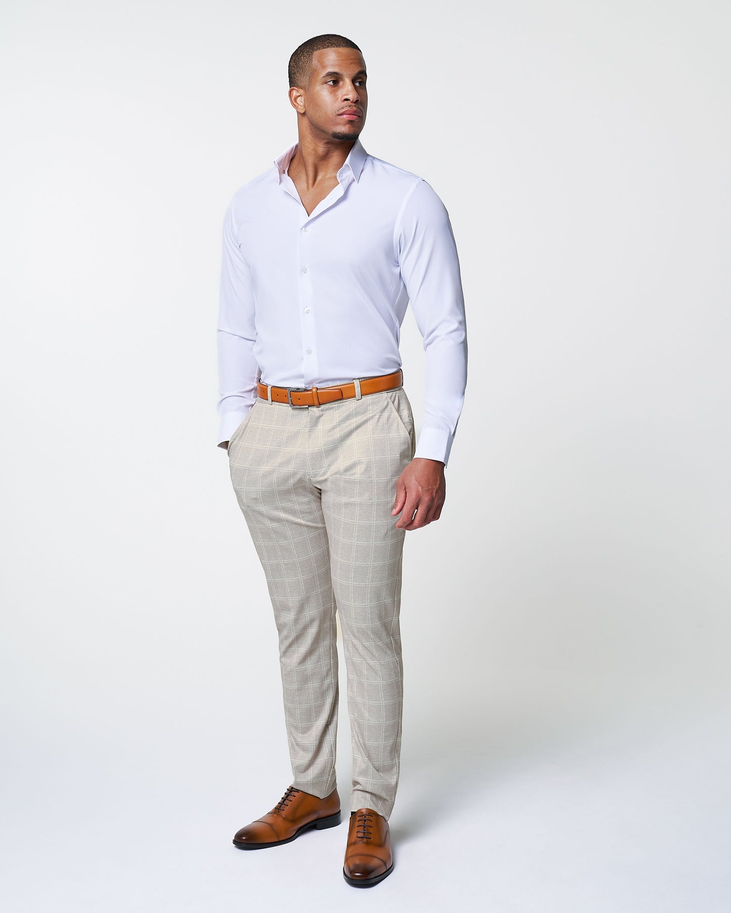 State & Liberty Athletic Fit Stretch Suit - Tan and White Windowpane Suit