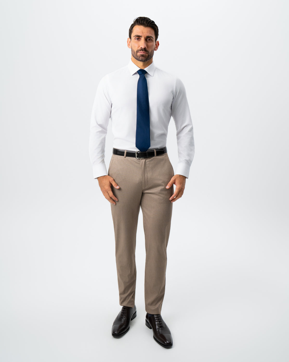 State & Liberty Athletic Fit Stretch Suit - Khaki and Olive Pinstripe