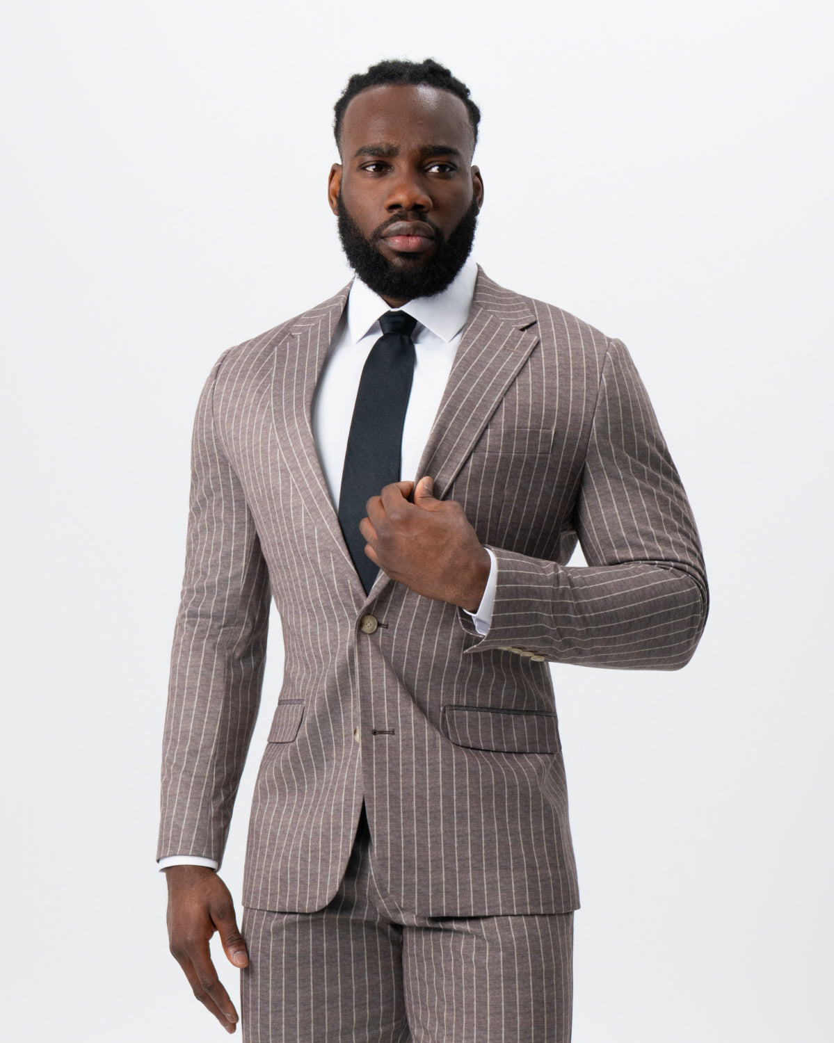 State & Liberty Athletic Fit Stretch Suit - Textured Light Brown with Cream Stripe