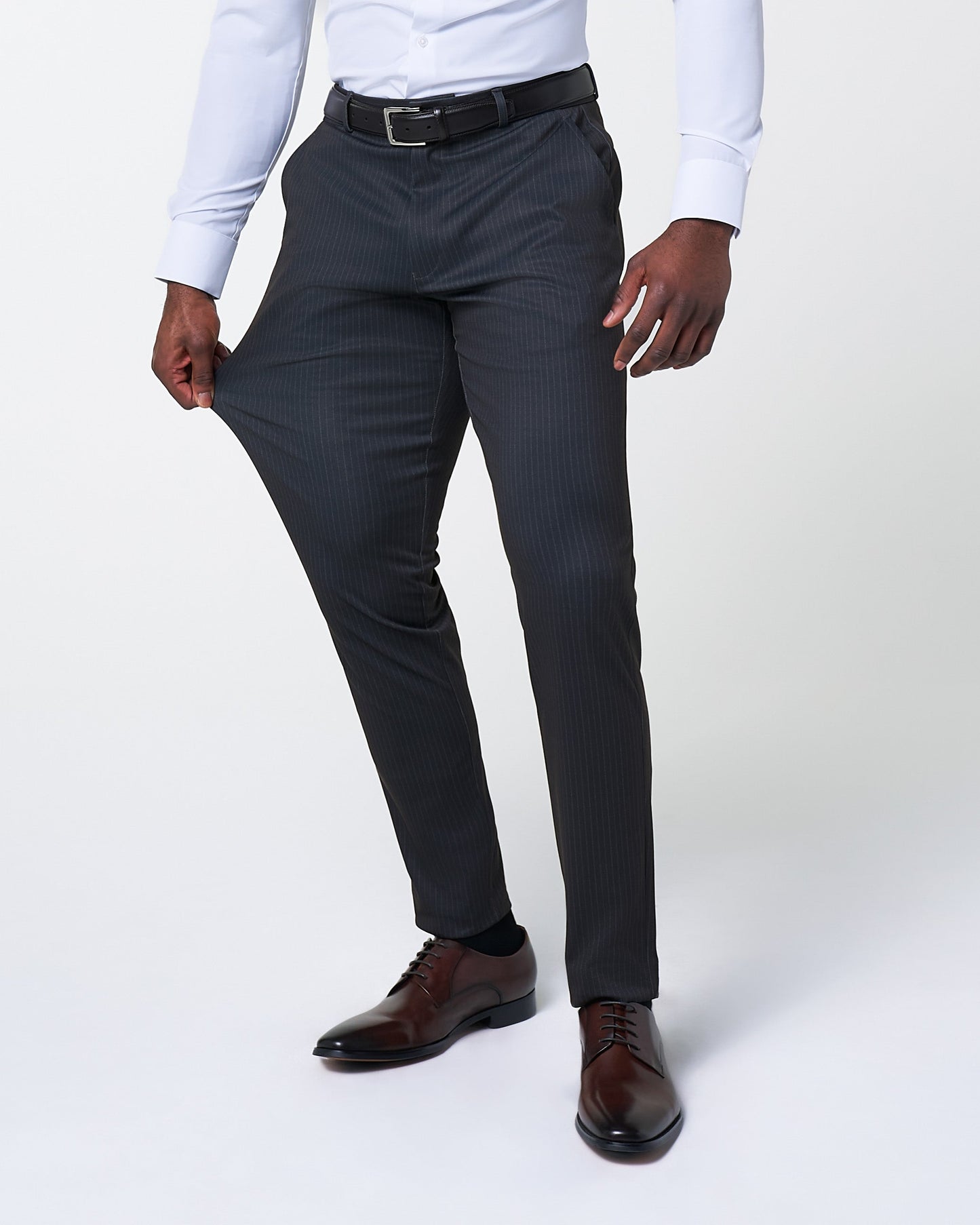 State & Liberty Athletic Fit Stretch Suit - Knit Black & Light Blue Pinstripe