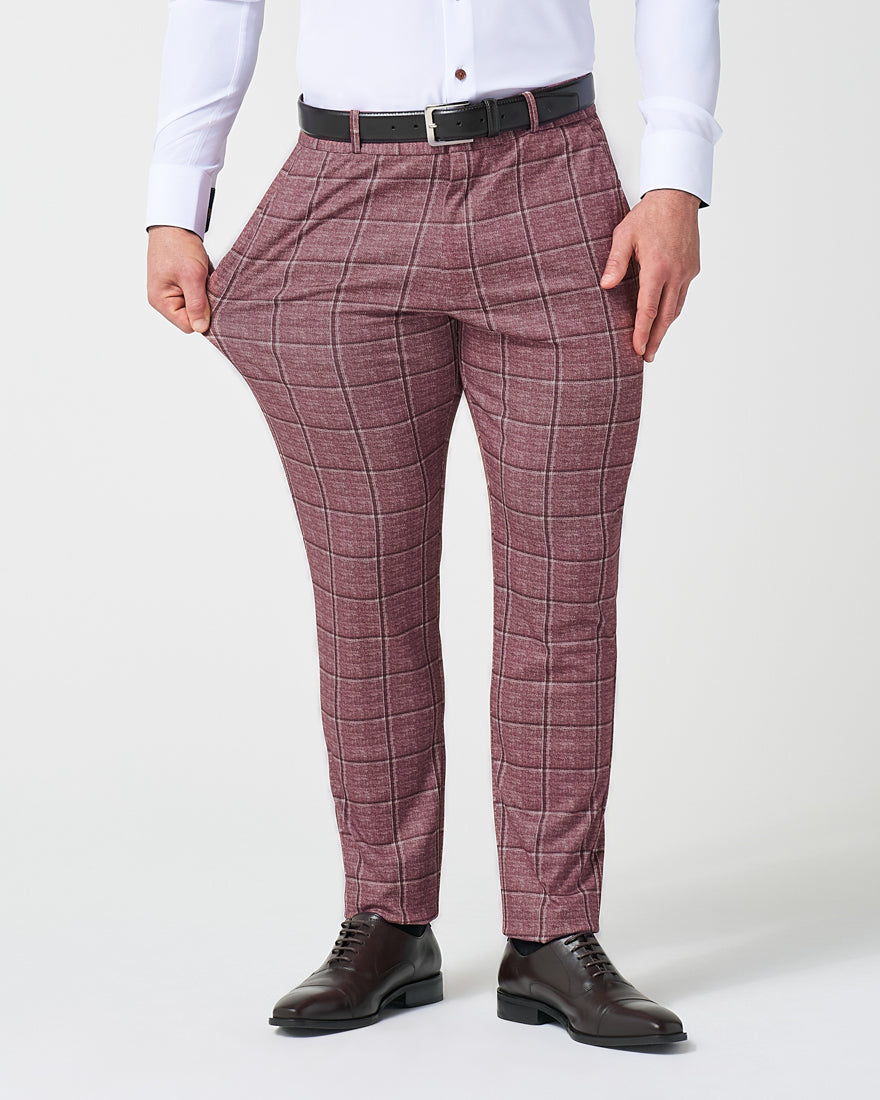 State & Liberty Athletic Fit Stretch Suit - Crimson with Burgundy Big Windowpane