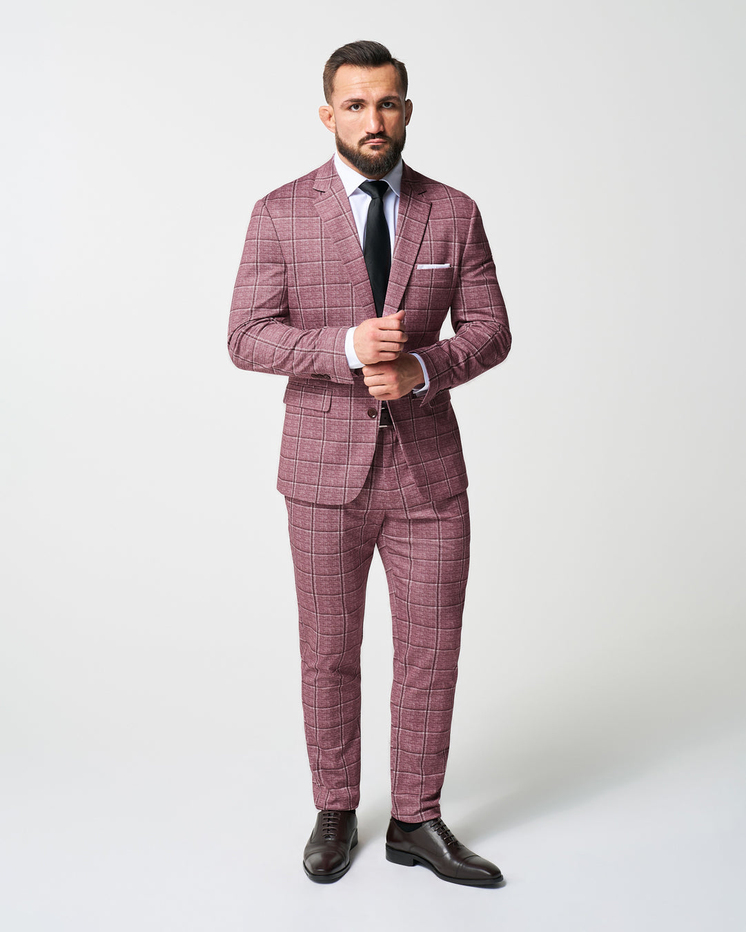 State & Liberty Athletic Fit Stretch Suit - Crimson with Burgundy Big Windowpane
