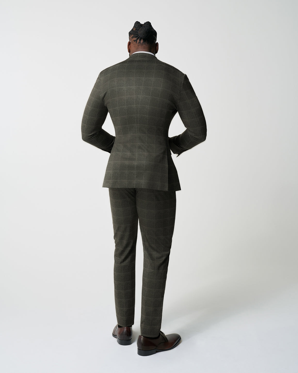 State & Liberty Athletic Fit Stretch Suit - Olive with White Windowpane