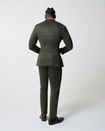 State & Liberty Athletic Fit Stretch Suit - Olive with White Windowpane