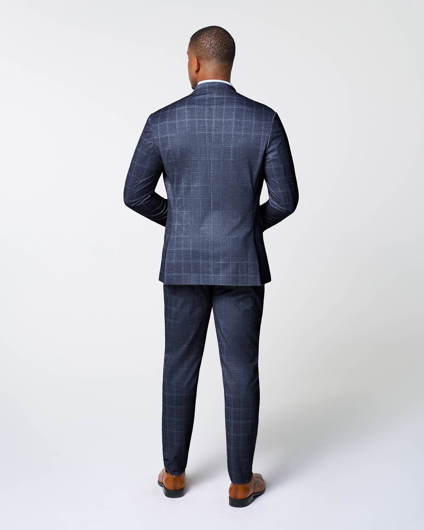 State & Liberty Athletic Fit Stretch Suit - Textured Navy with White Windowpane