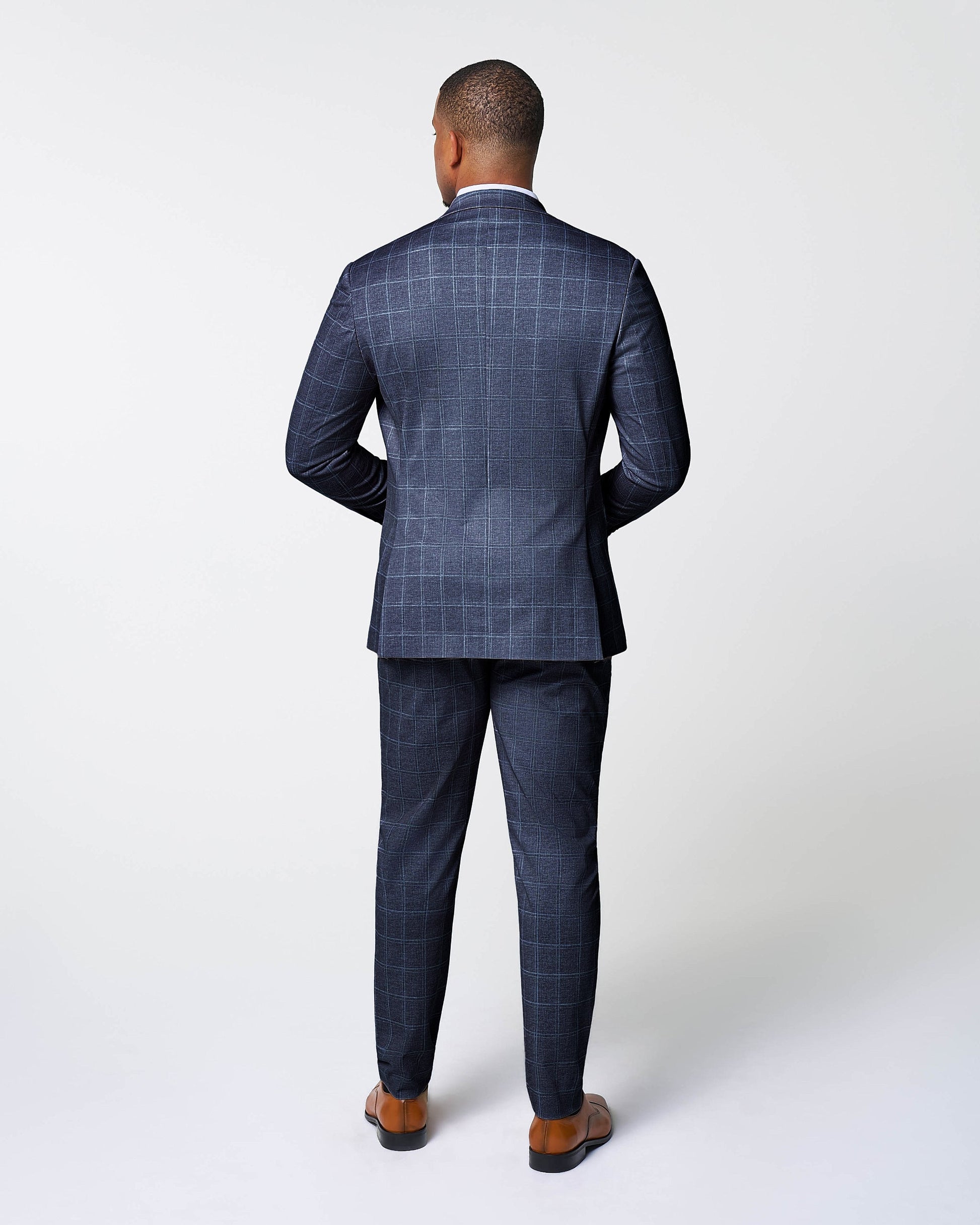 State & Liberty Athletic Fit Stretch Suit - Textured Navy with White Windowpane