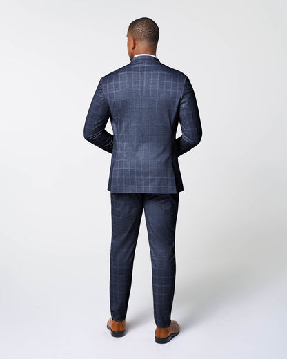 State & Liberty Athletic Fit Stretch Suit - Textured Navy with White Windowpane