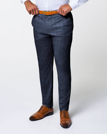 State & Liberty Athletic Fit Stretch Suit - Textured Navy with White Windowpane
