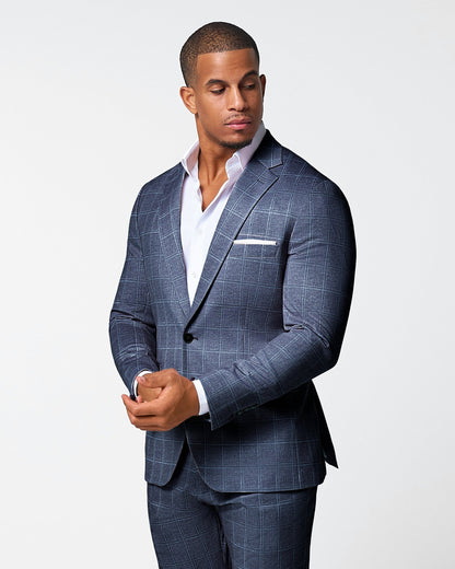 State & Liberty Athletic Fit Stretch Suit - Textured Navy with White Windowpane