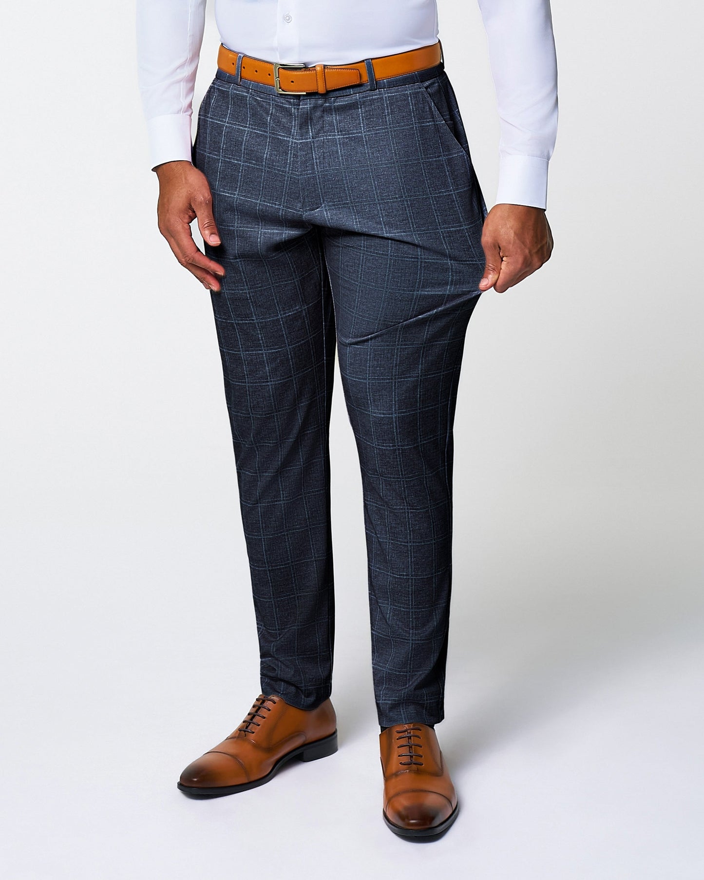 State & Liberty Athletic Fit Stretch Suit - Textured Navy with White Windowpane
