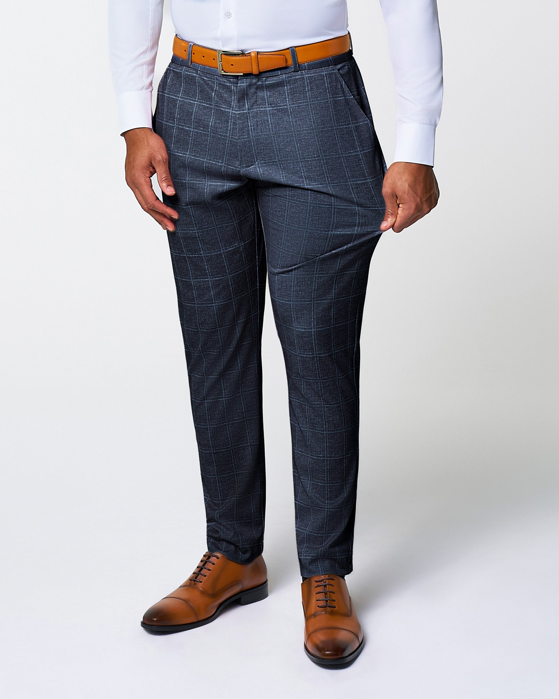 State & Liberty Athletic Fit Stretch Suit - Textured Navy with White Windowpane