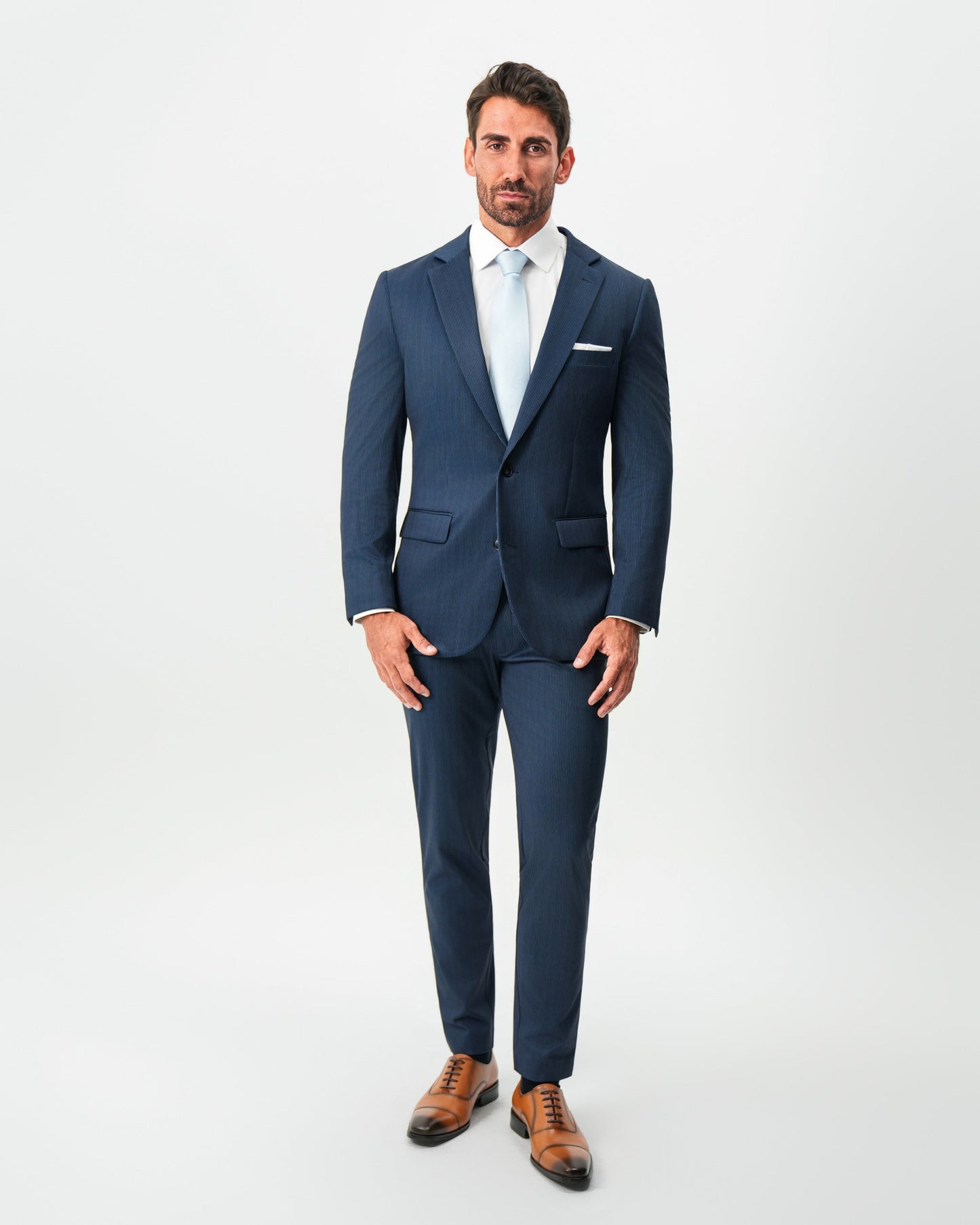 State & Liberty Athletic Fit Stretch Suit - Navy & White Pinstripe