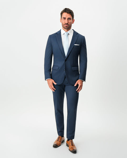 State & Liberty Athletic Fit Stretch Suit - Navy & White Pinstripe