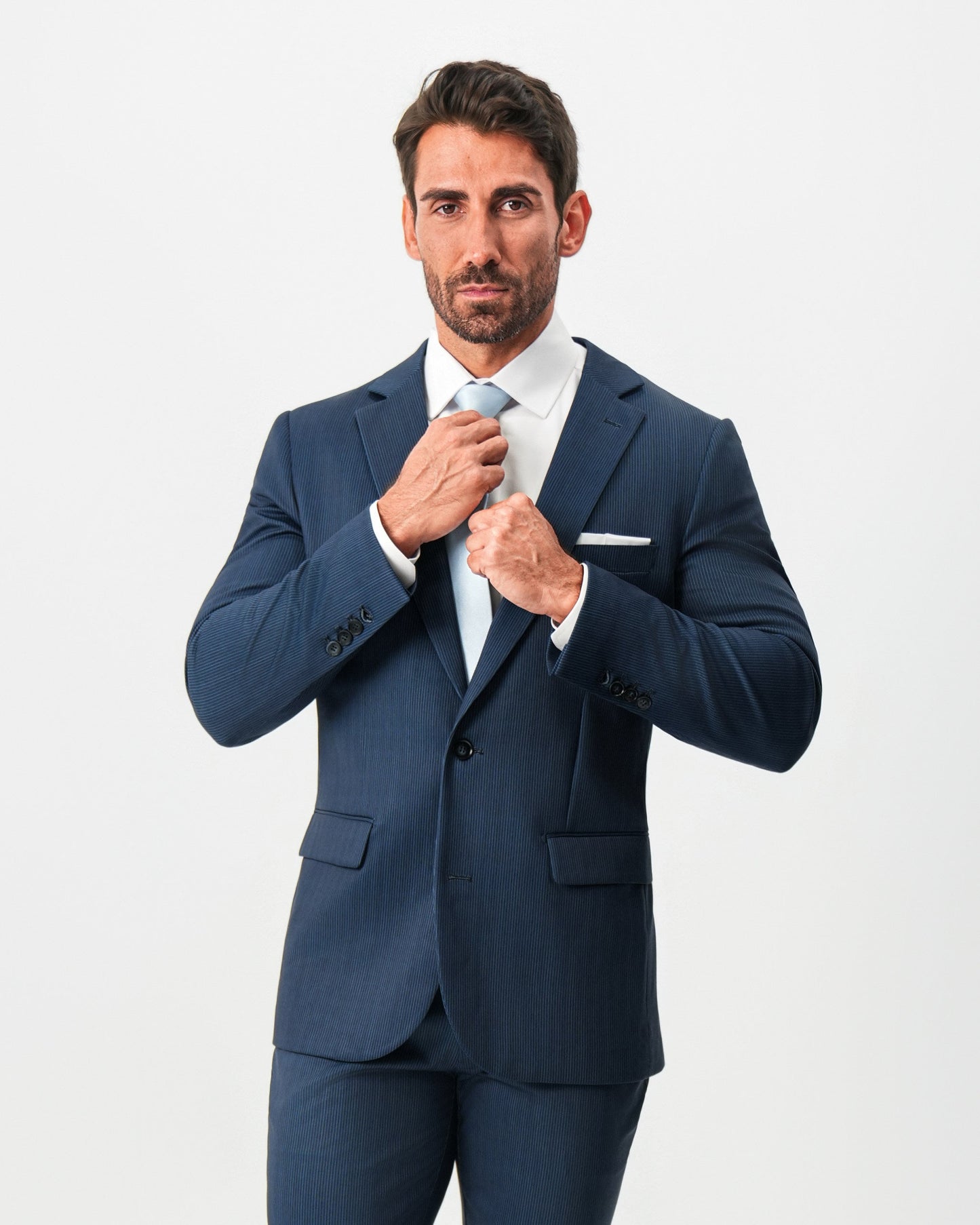 State & Liberty Athletic Fit Stretch Suit - Navy & White Pinstripe