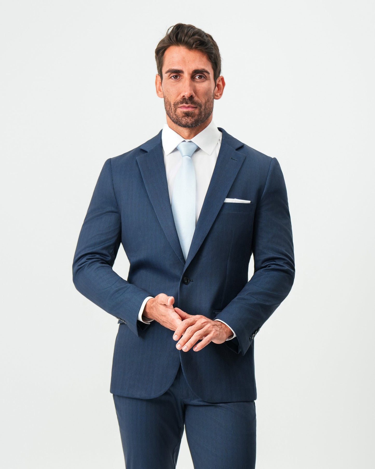State & Liberty Athletic Fit Stretch Suit - Navy & White Pinstripe