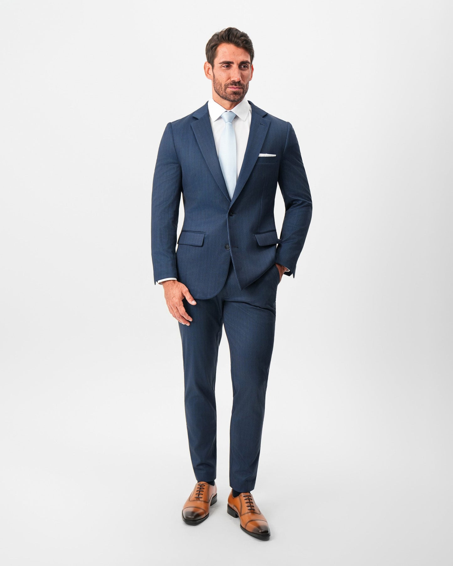 State & Liberty Athletic Fit Stretch Suit - Navy & White Pinstripe