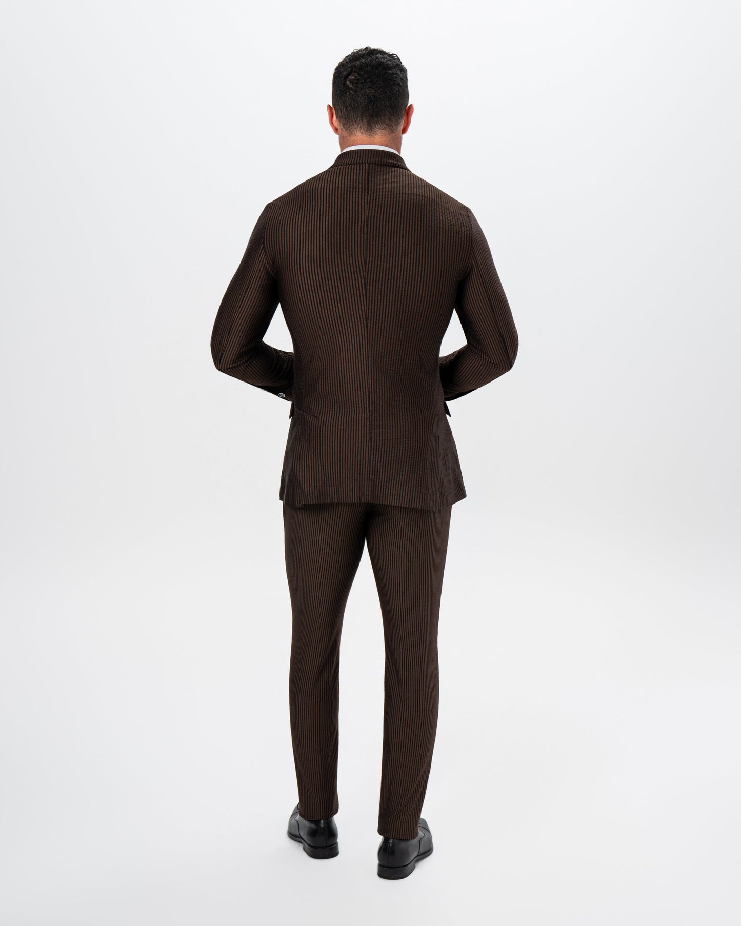State & Liberty Athletic Fit Stretch Suit - Brown and Black Seersucker