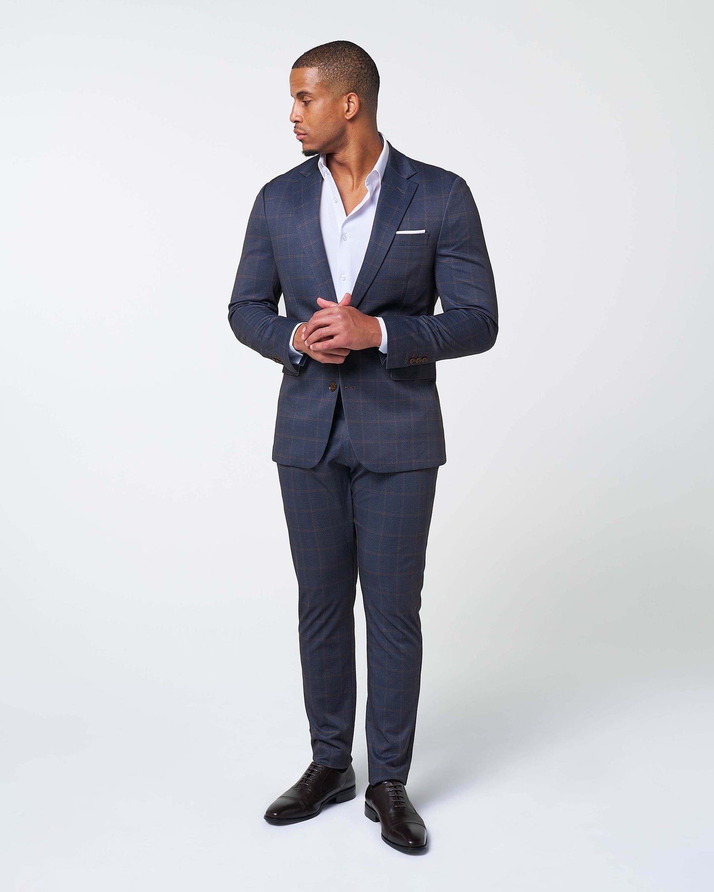 State & Liberty Athletic Fit Stretch Suit - Navy & Brown Windowpane