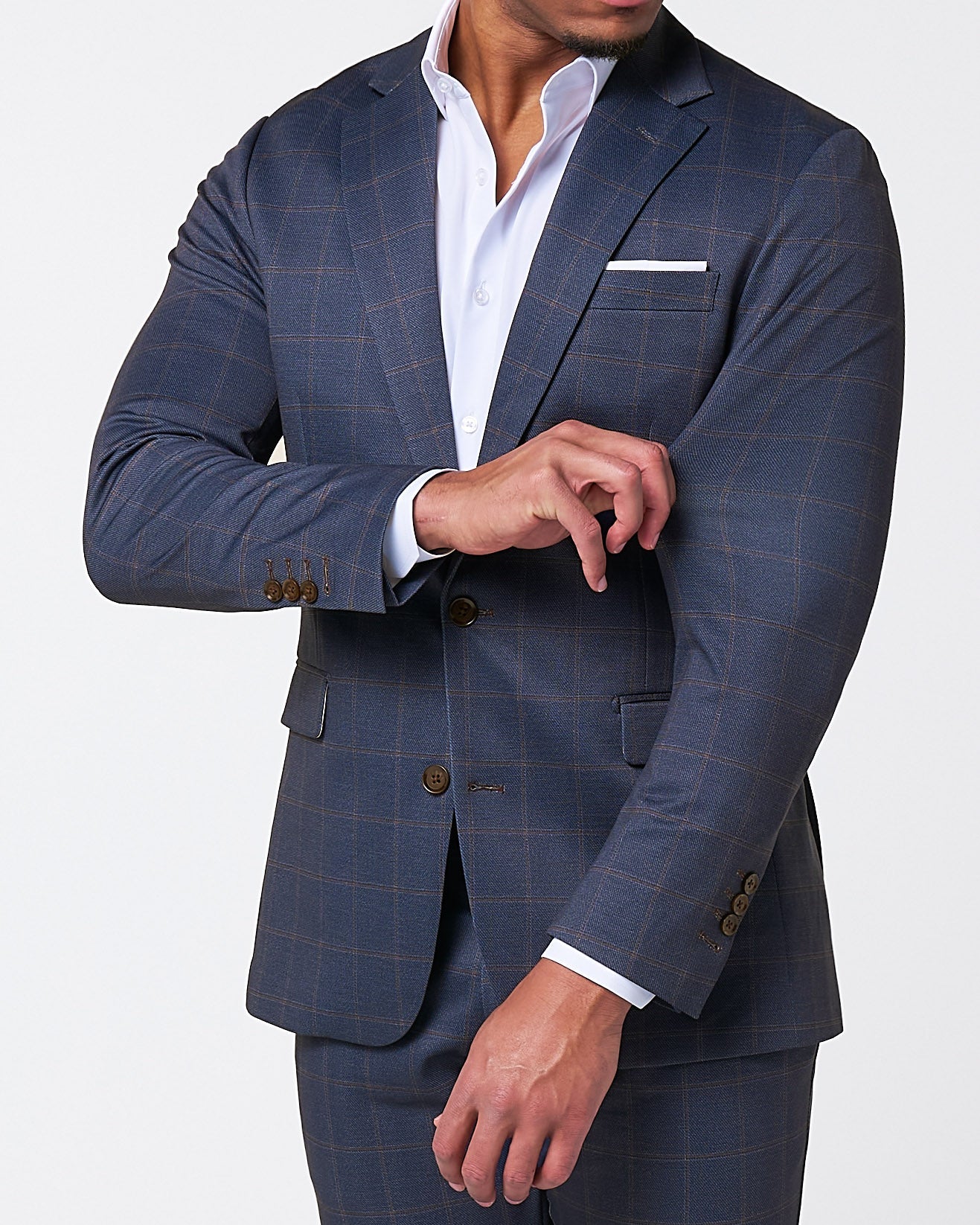 State & Liberty Athletic Fit Stretch Suit - Navy & Brown Windowpane