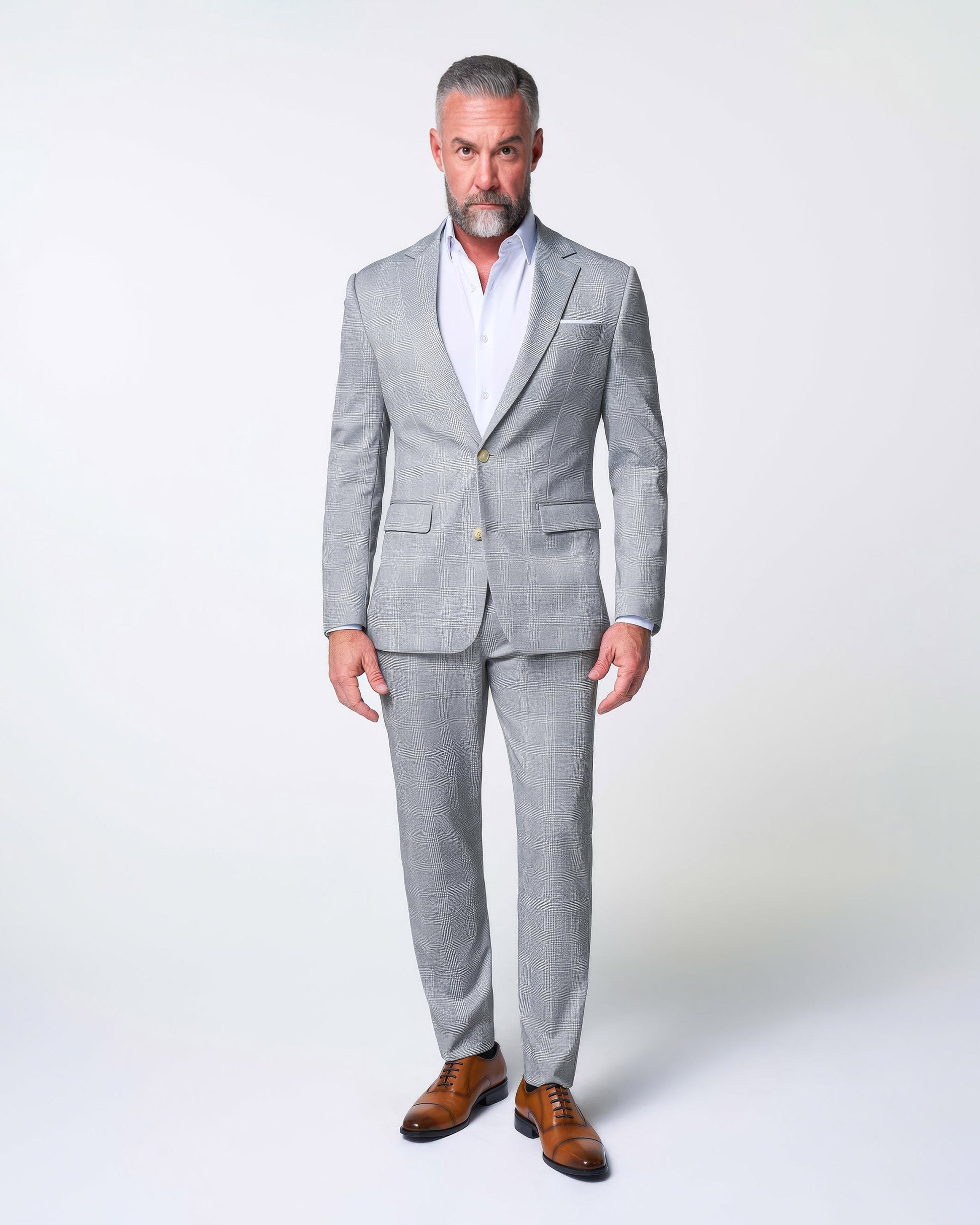 State & Liberty Athletic Fit Stretch Suit - Ash Grey with White Plaid