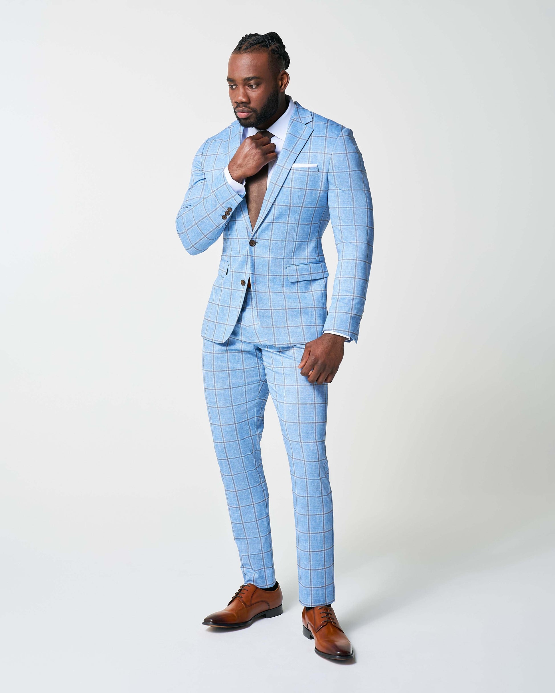 State & Liberty Athletic Fit Stretch Suit - Light Blue and Brown Big Windowpane
