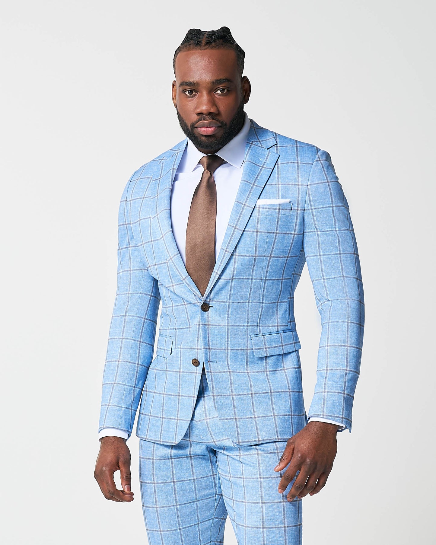 State & Liberty Athletic Fit Stretch Suit - Light Blue and Brown Big Windowpane