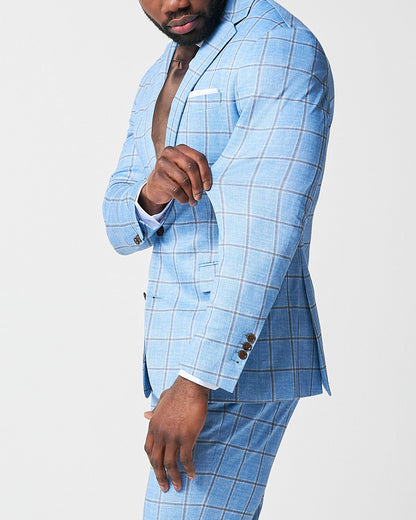 State & Liberty Athletic Fit Stretch Suit - Light Blue and Brown Big Windowpane