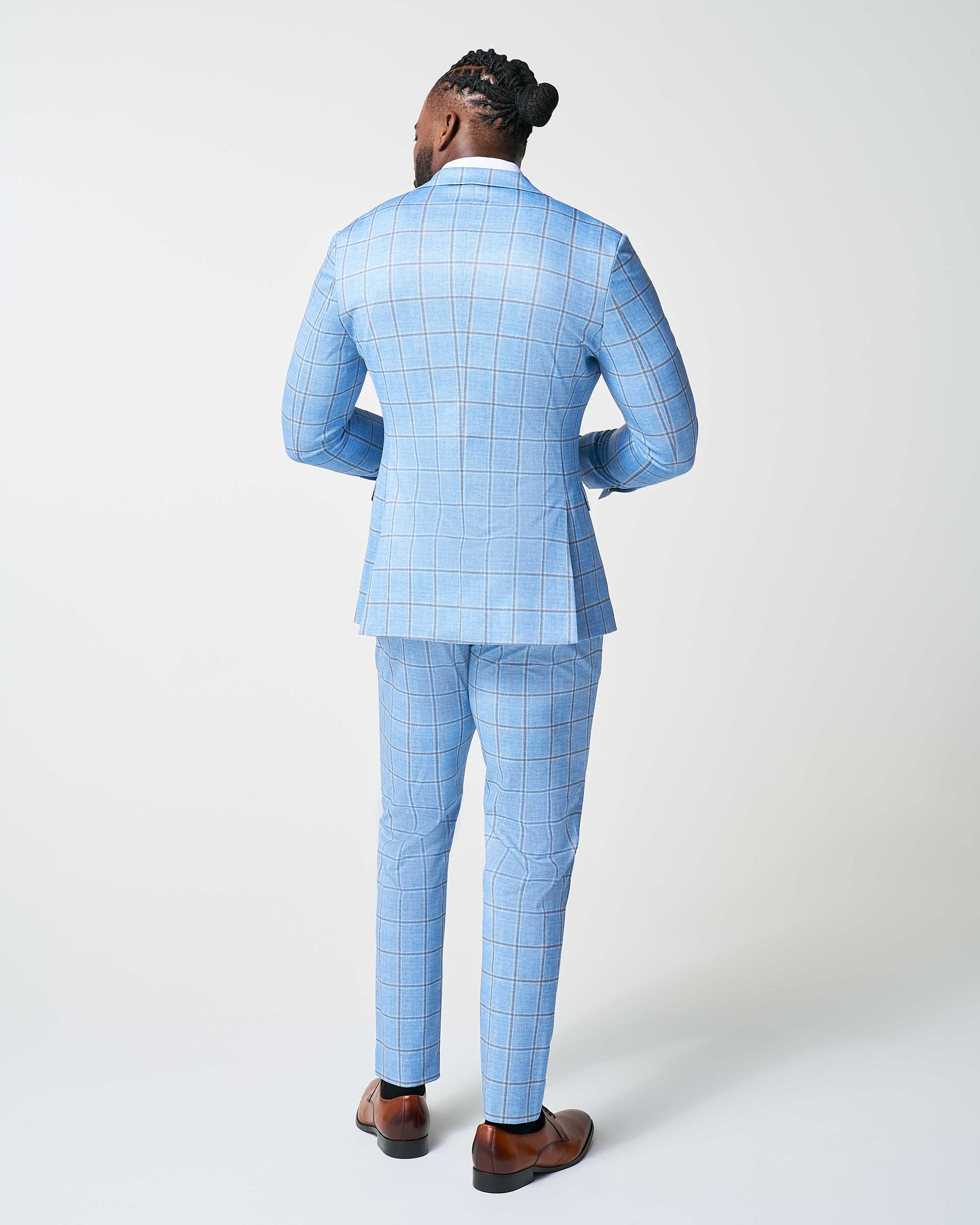 State & Liberty Athletic Fit Stretch Suit - Light Blue and Brown Big Windowpane