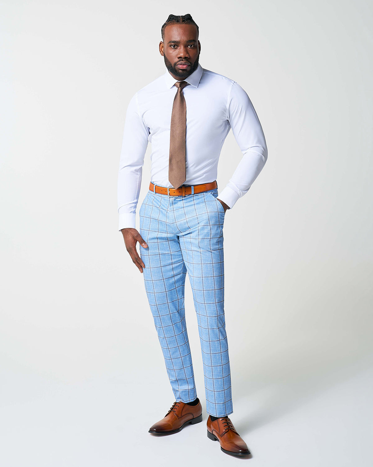 State & Liberty Athletic Fit Stretch Suit - Light Blue and Brown Big Windowpane