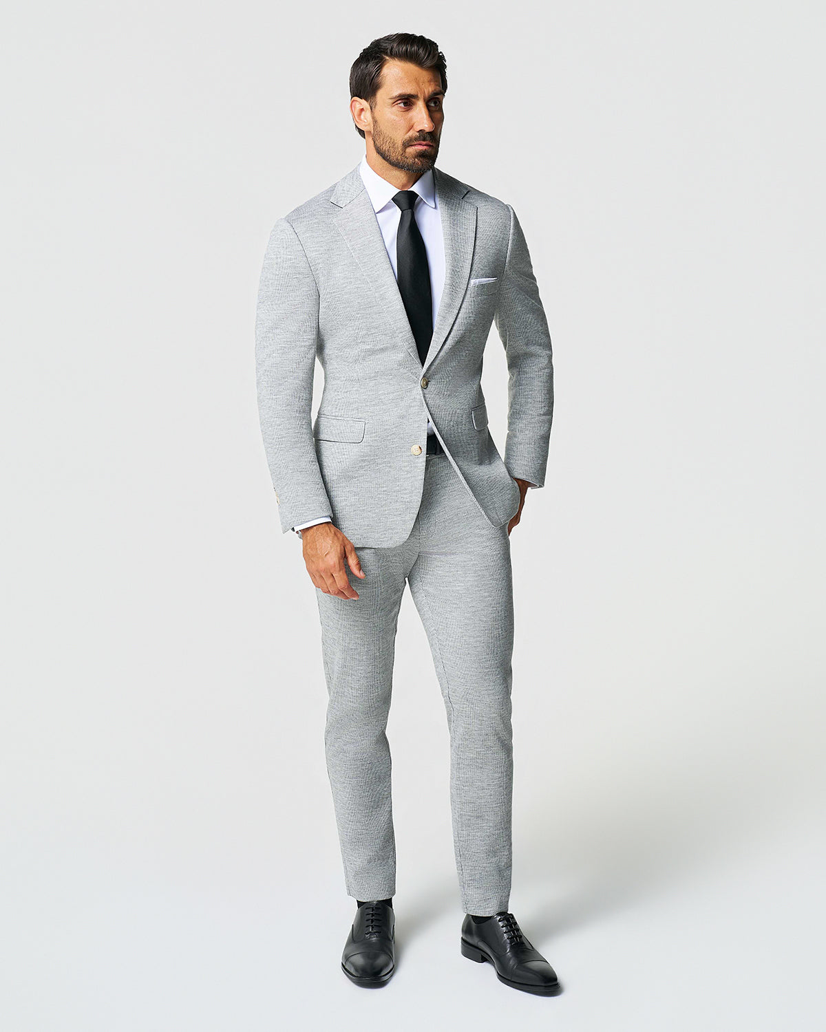 State & Liberty Athletic Fit Stretch Wool Suit - Light Grey with White Mini Stripe