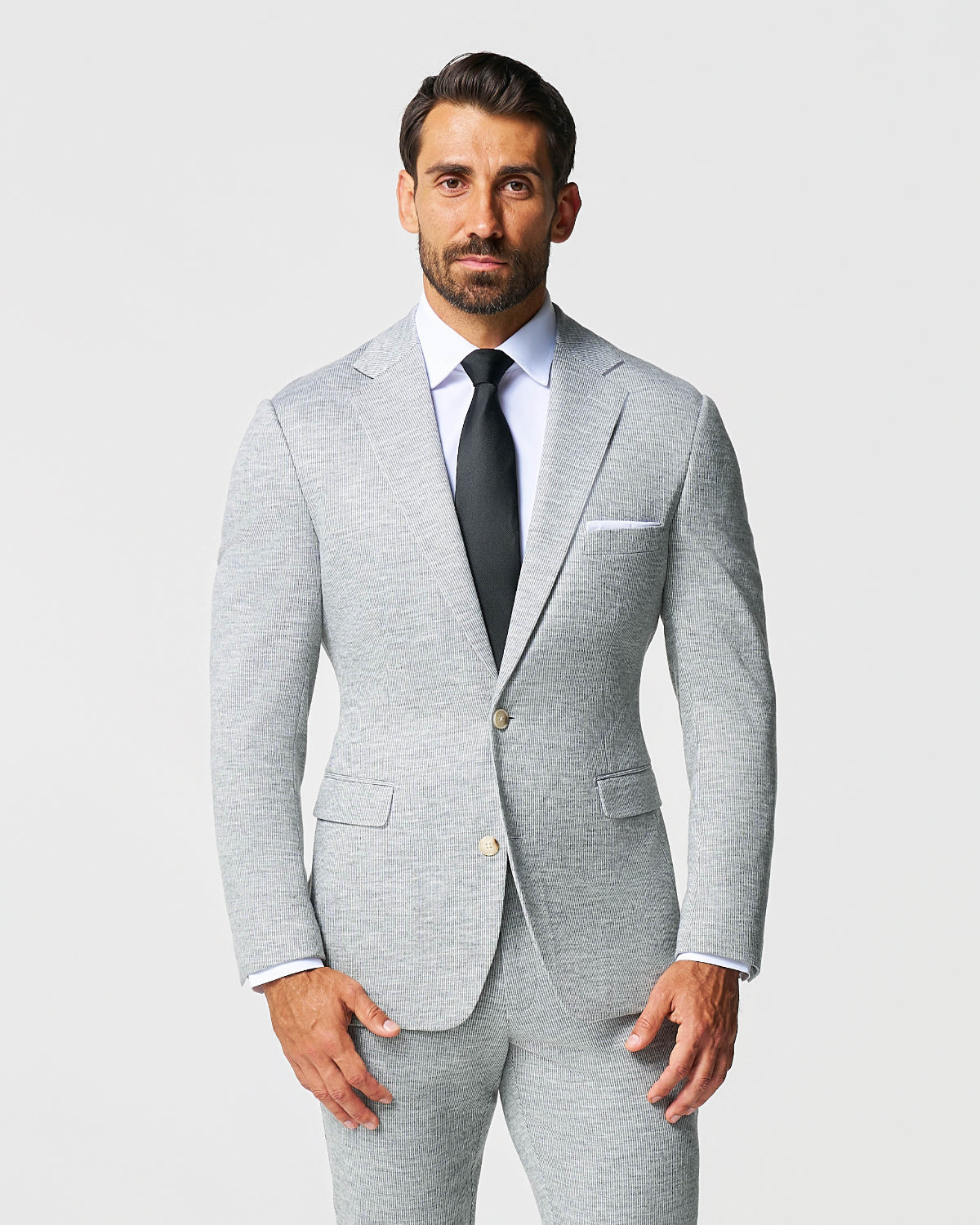 State & Liberty Athletic Fit Stretch Wool Suit - Light Grey with White Mini Stripe