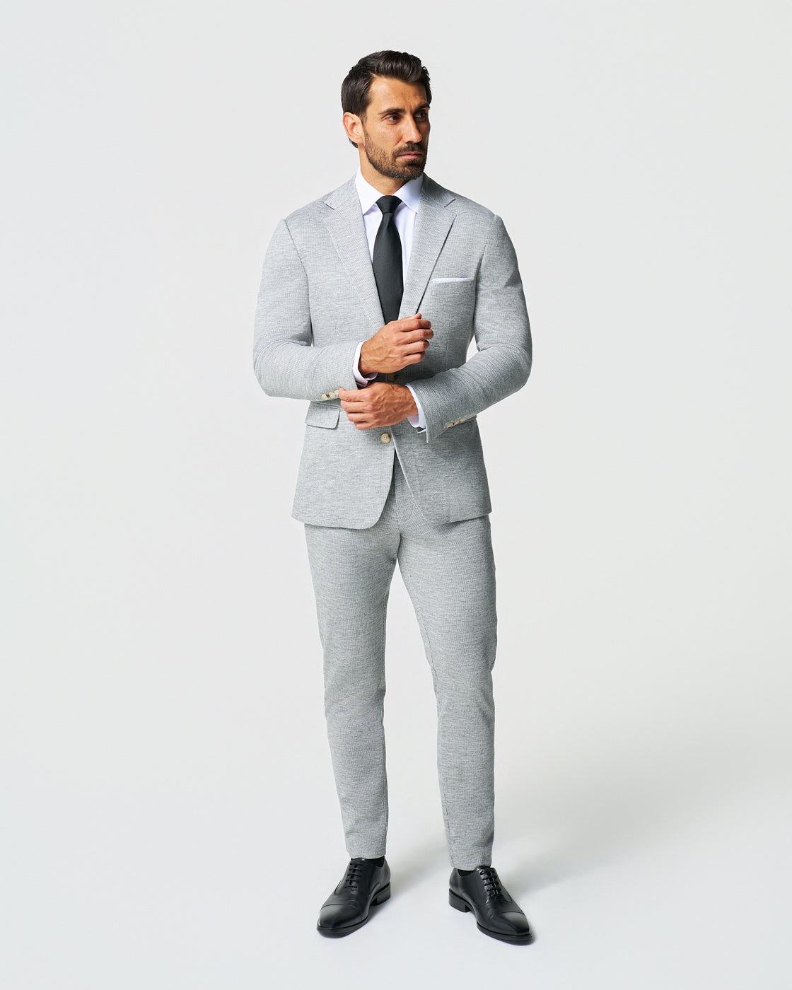 State & Liberty Athletic Fit Stretch Wool Suit - Light Grey with White Mini Stripe