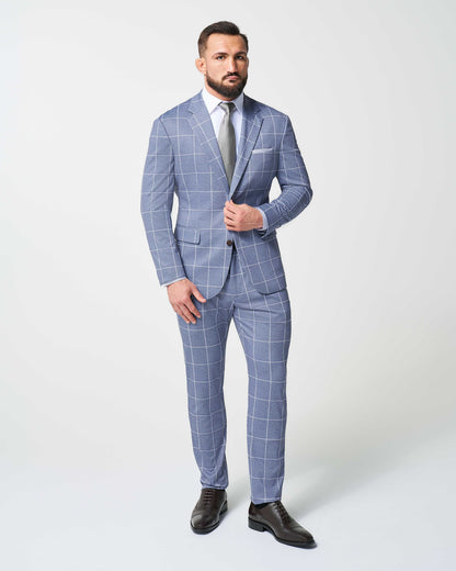 State & Liberty Athletic Fit Stretch Suit - Textured Light Blue with White Windowpane