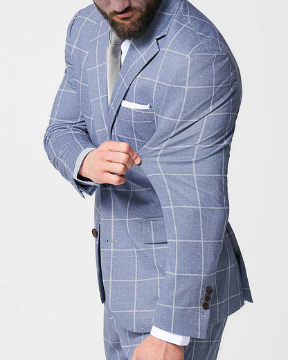 State & Liberty Athletic Fit Stretch Suit - Textured Light Blue with White Windowpane