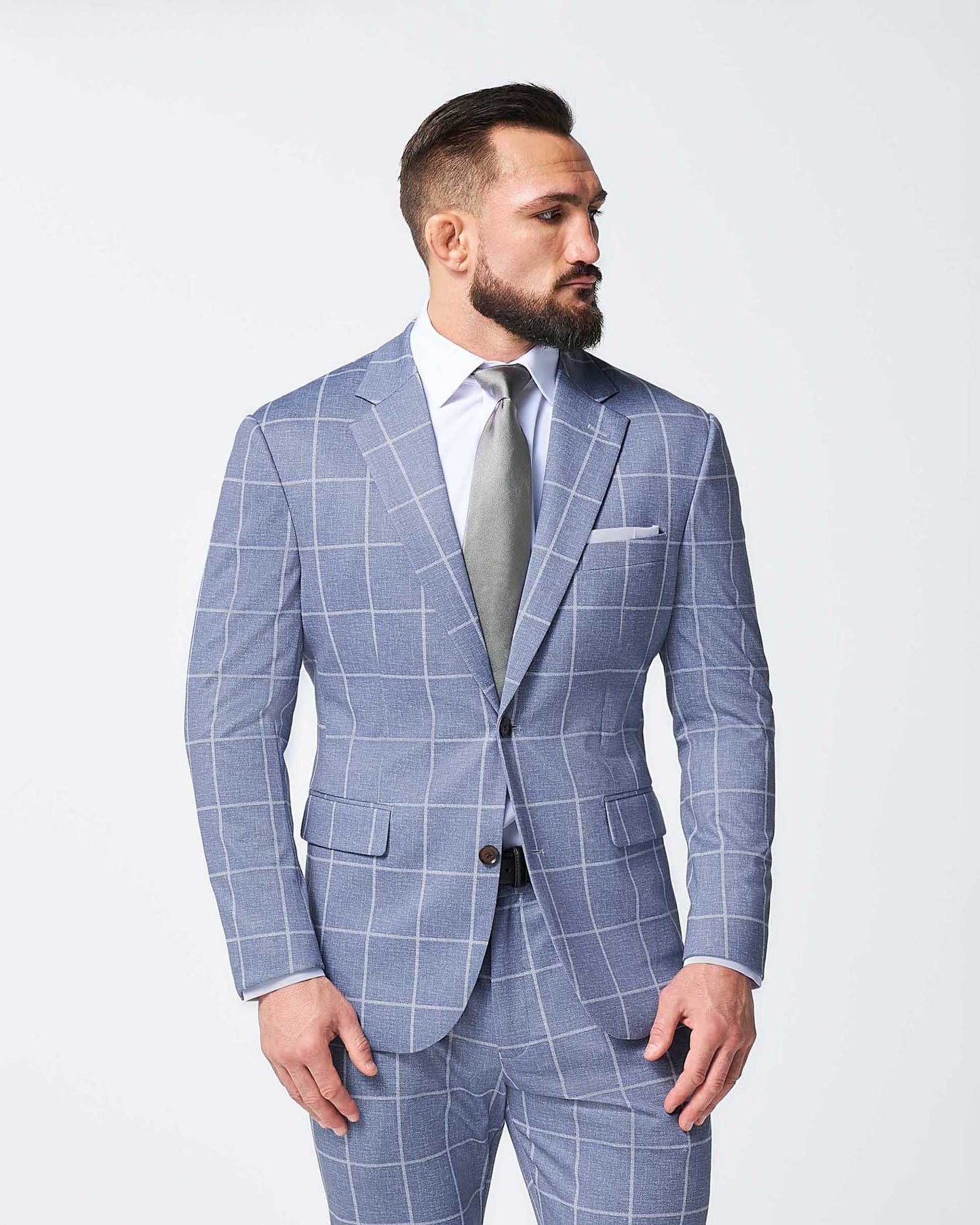 State & Liberty Athletic Fit Stretch Suit - Textured Light Blue with White Windowpane
