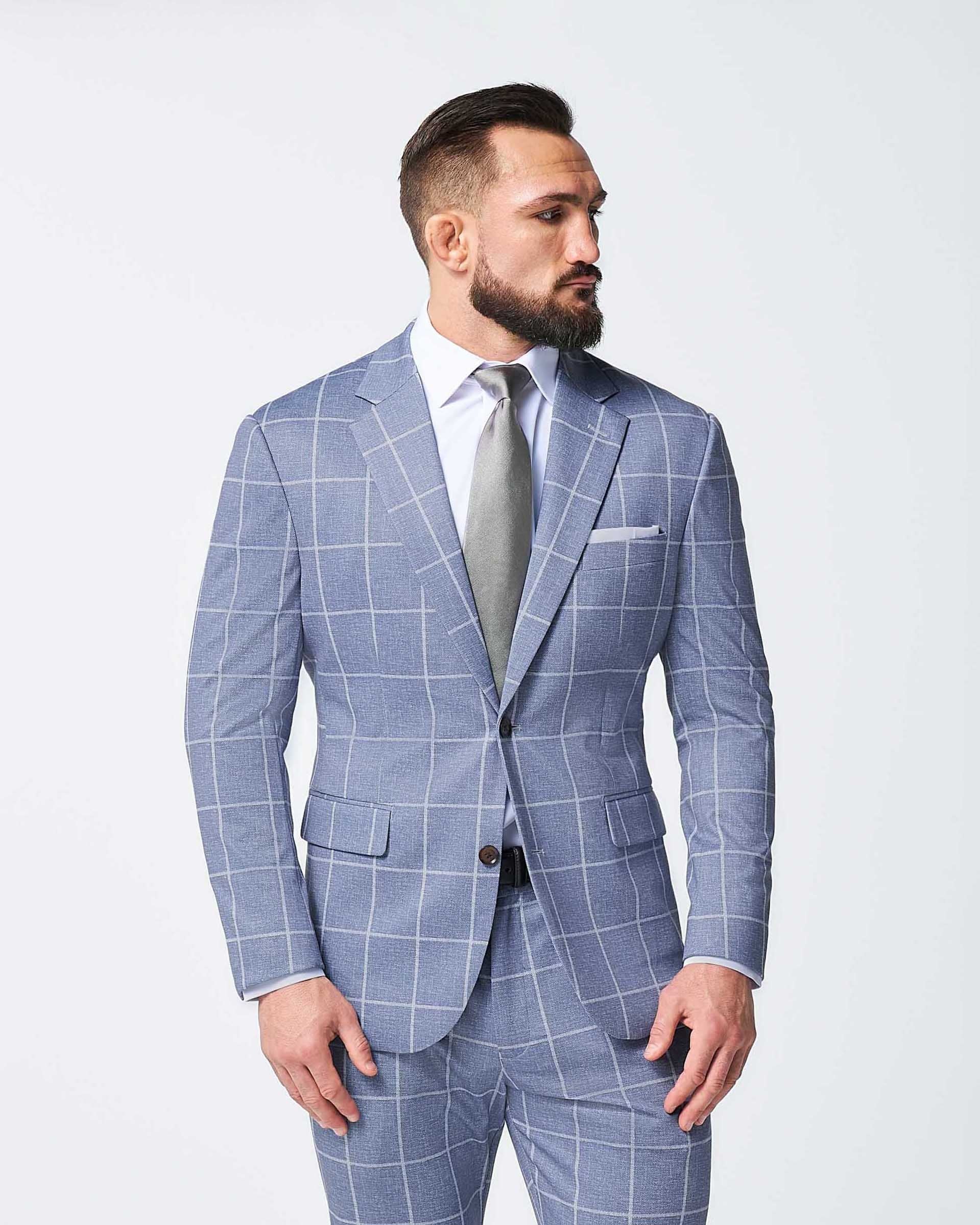 State & Liberty Athletic Fit Stretch Suit - Textured Light Blue with White Windowpane