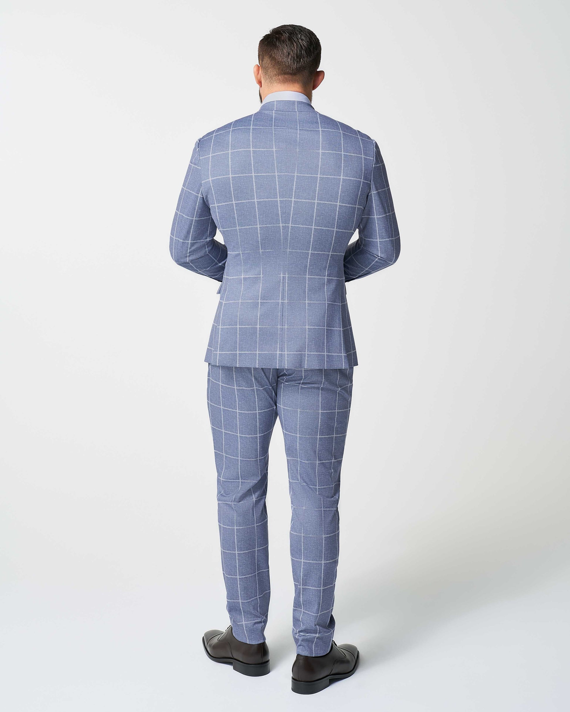 State & Liberty Athletic Fit Stretch Suit - Textured Light Blue with White Windowpane