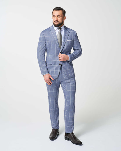 State & Liberty Athletic Fit Stretch Suit - Textured Light Blue with White Windowpane