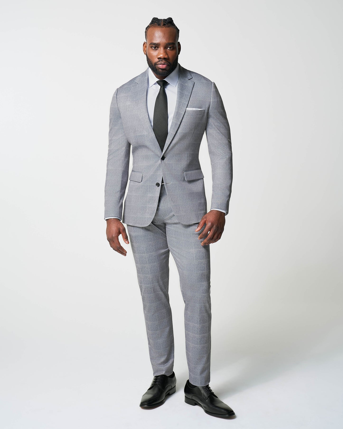 State & Liberty Athletic Fit Stretch Suit - Light Grey & White Windowpane