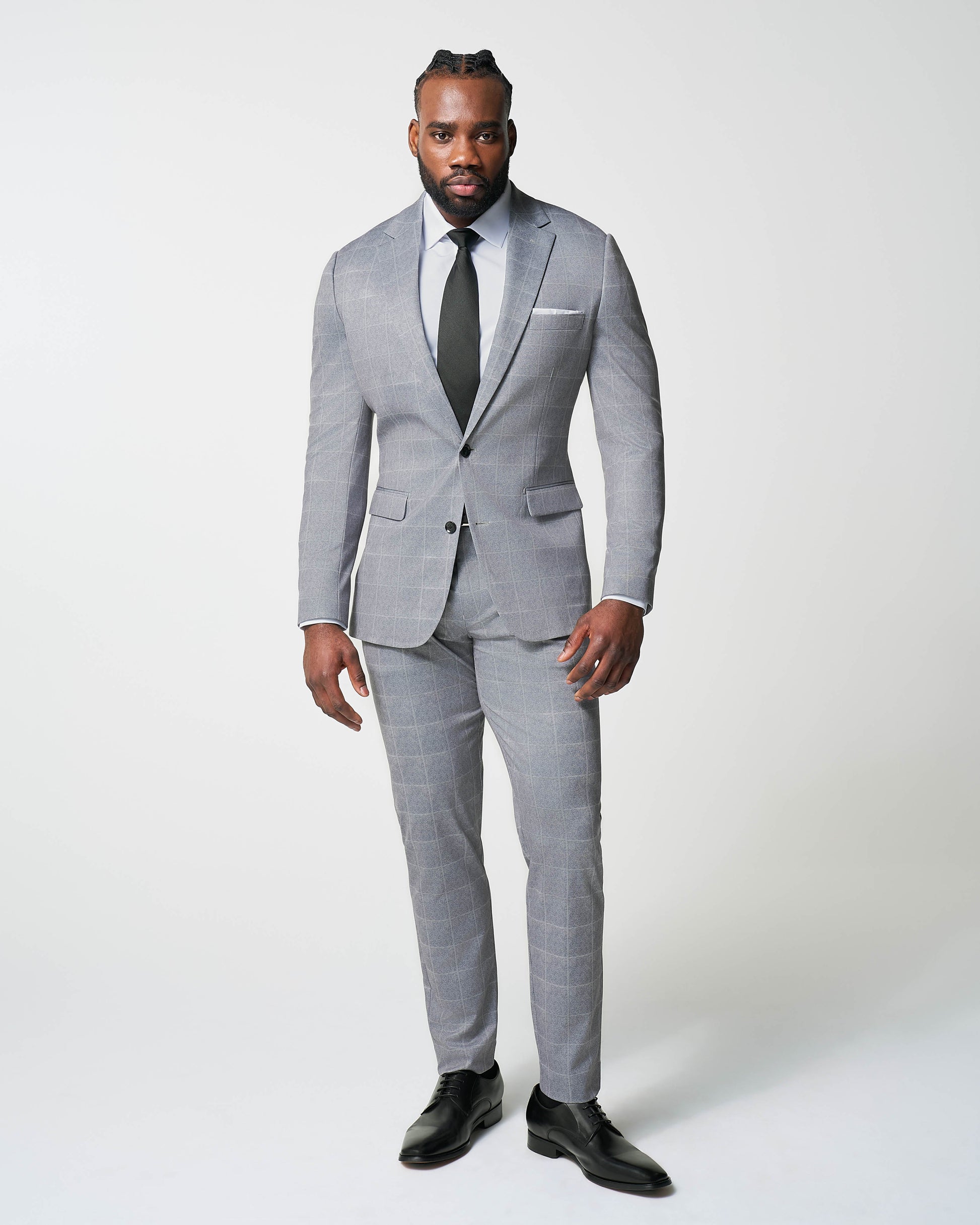 State & Liberty Athletic Fit Stretch Suit - Light Grey & White Windowpane