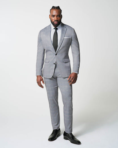 State & Liberty Athletic Fit Stretch Suit - Light Grey & White Windowpane