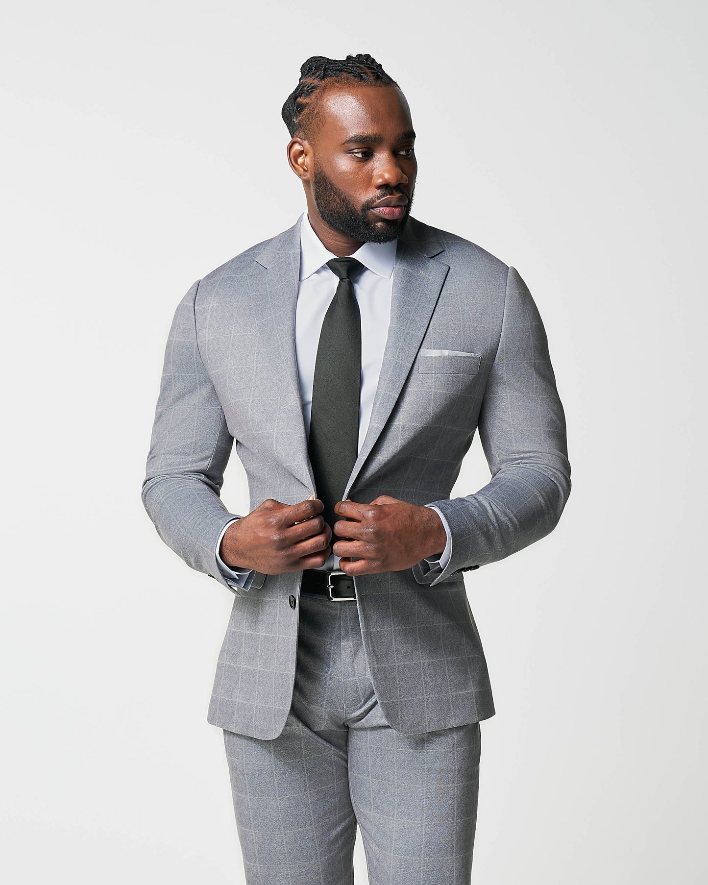 State & Liberty Athletic Fit Stretch Suit - Light Grey & White Windowpane