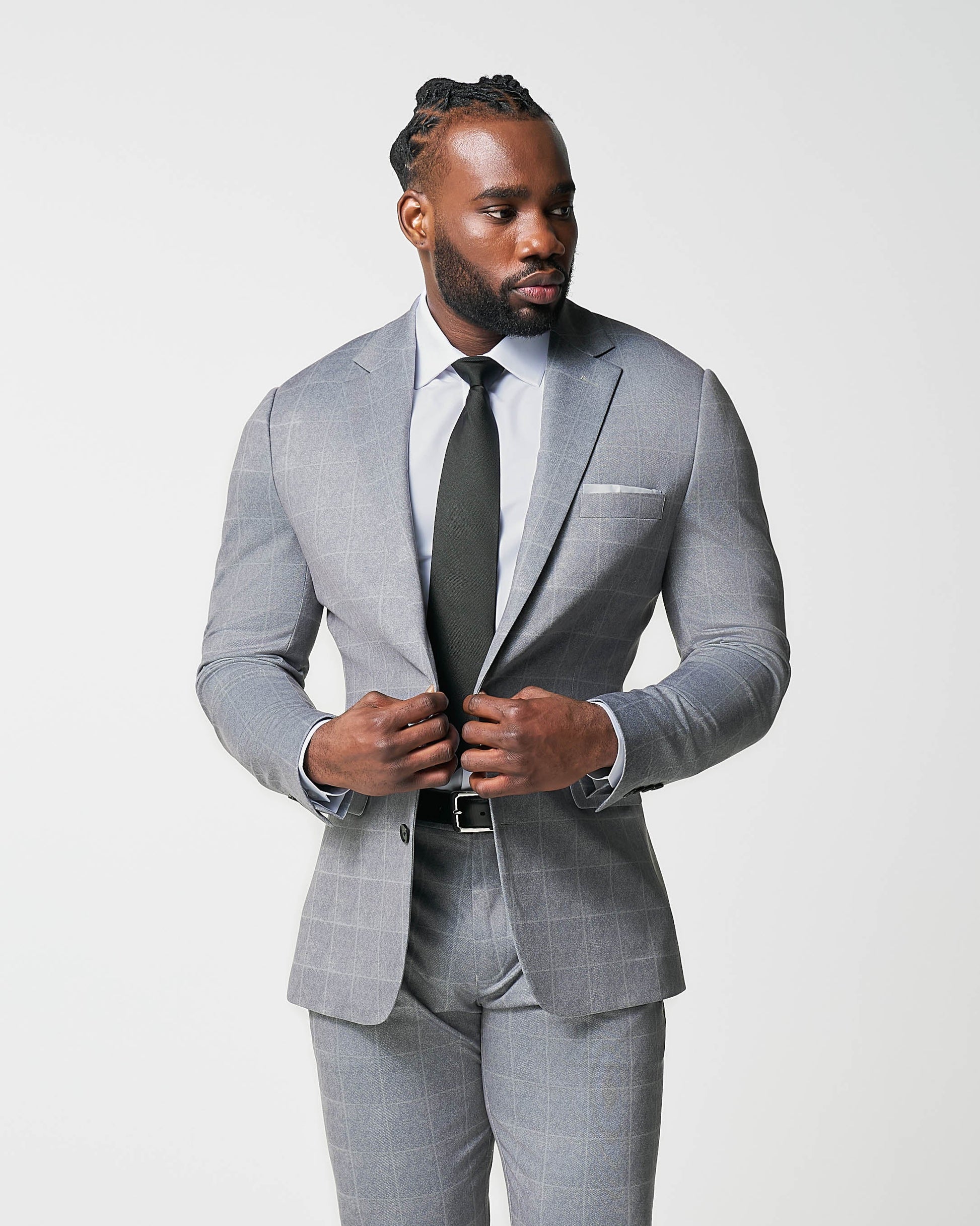 State & Liberty Athletic Fit Stretch Suit - Light Grey & White Windowpane