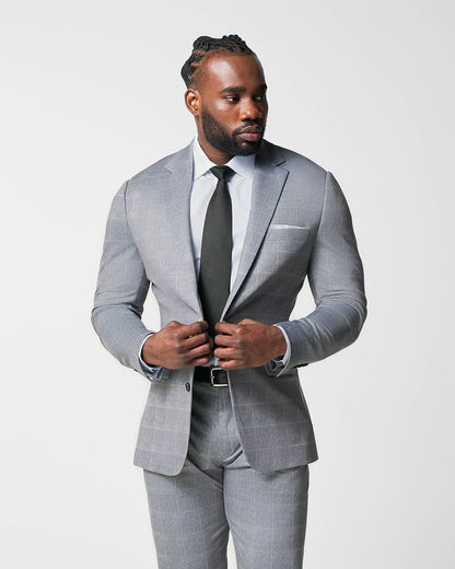 State & Liberty Athletic Fit Stretch Suit - Light Grey & White Windowpane